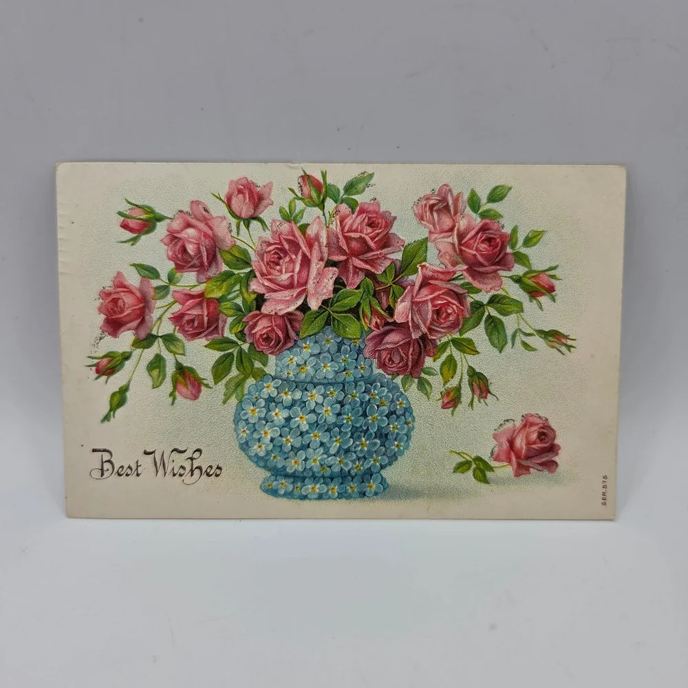 Vintage Best Wishes Pink Roses Blue Vase Embossed Postcard SER. 575